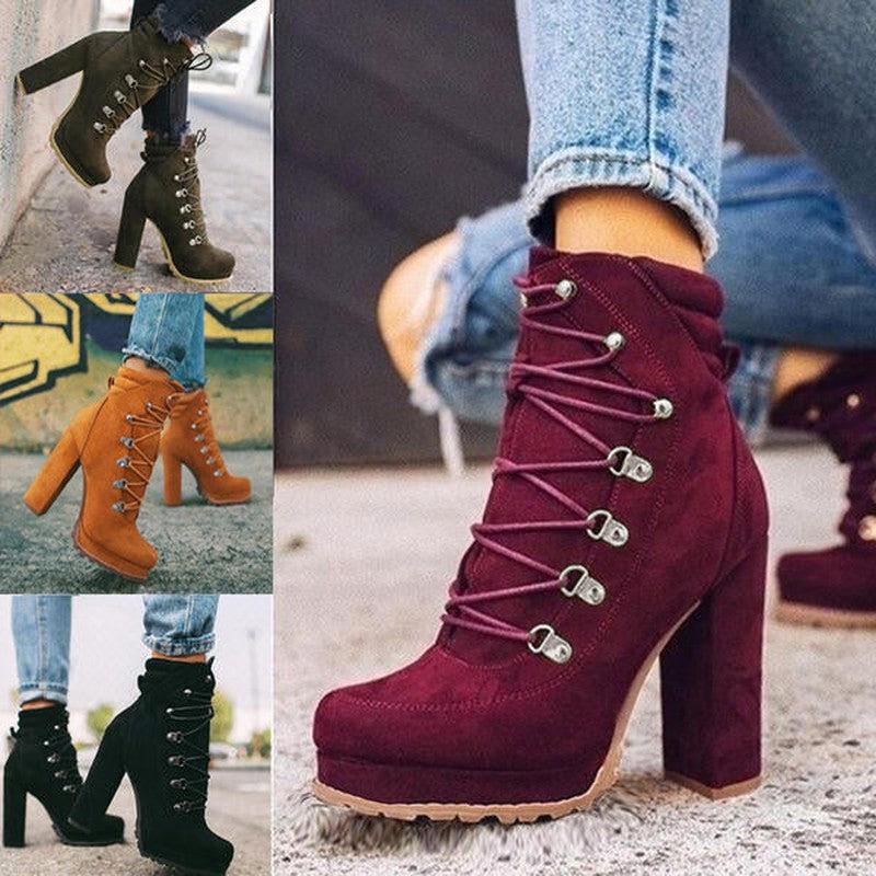 Cheky - Heeled Boots For Women Round Toe Lace UP High Heels Boots Mid Calf Shoes