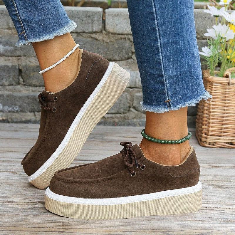 Cheky - New Thick Bottom Lace-up Flats Women Solid Color Casual Fashion Lightweight Walking Sports Shoes