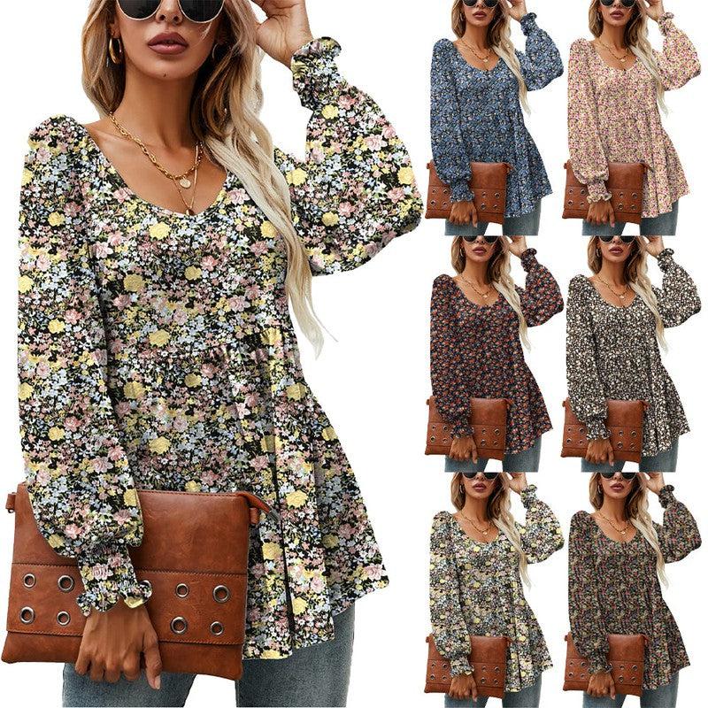 Cheky - Long Puff Sleeve Tops Women Flowers Print Casual V-Neck Blouse T-Shirts Babydoll Tops