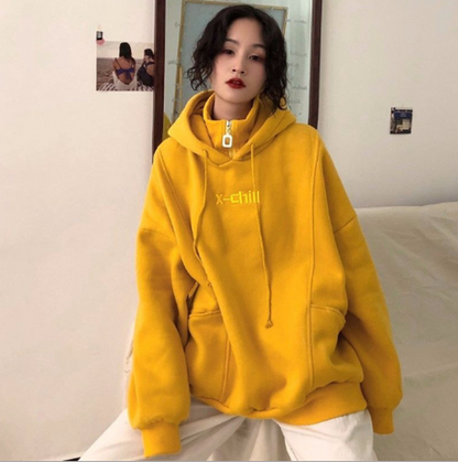 Cheky - Hoodies Women Autumn Winter New Korean Style Student Loose Embroidered Simple Plus Velvet High Quality Soft Womens Clothing Chic