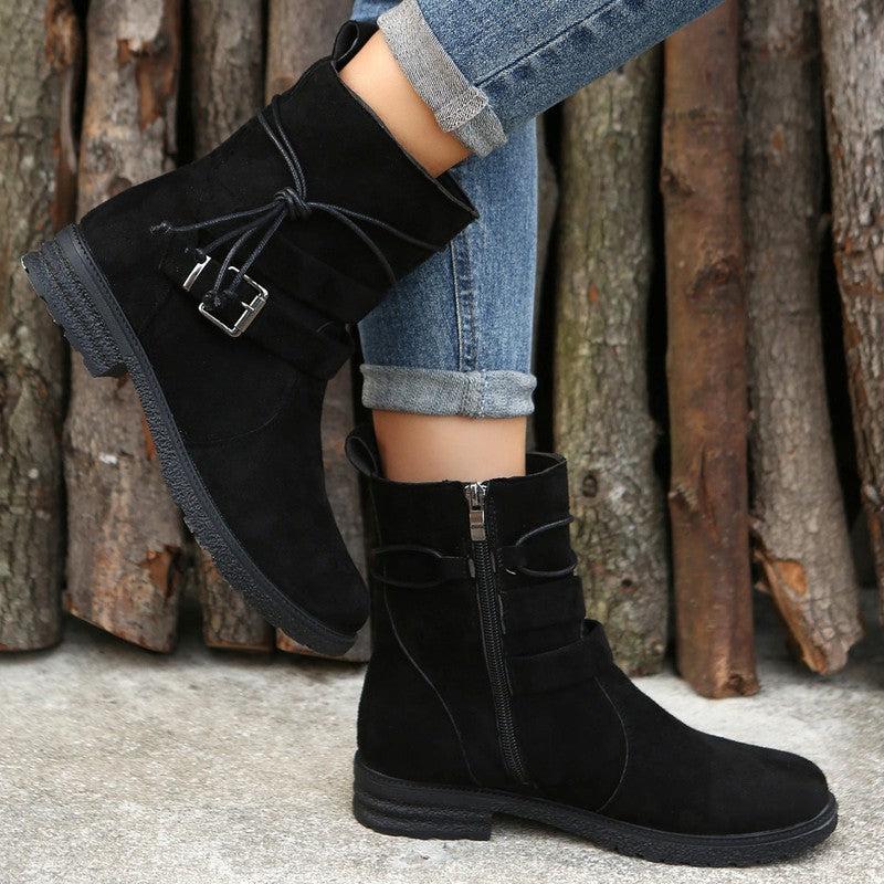 Cheky - Round Toe Side Zipper Low Heel Plus Size Short Boots