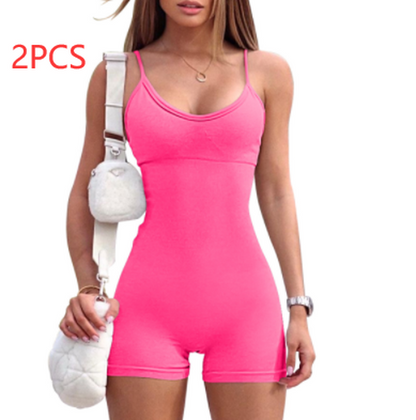 Cheky - Spaghetti Strap Shorts Jumpsuit Sports Yoga Workout Tight Romper Women Fashion Fitness Sportwear