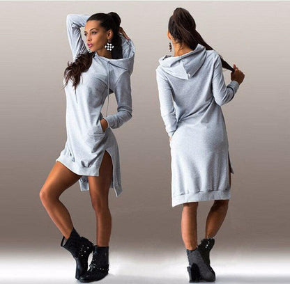 Cheky - Irregular Hooded Long Sleeve Dress Sweatshirt