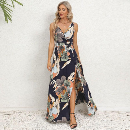 Cheky - V-neck Floral Print Long Dress Summer Fashion Waist Tie Slit Design Sleeveless Dress For Womens Clothing