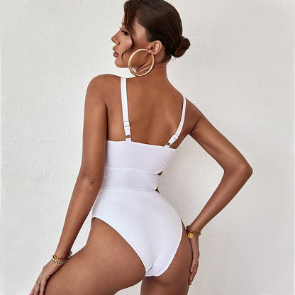 Cheky - Women's summer new one piece swimsuit solid color hollow backless swimsuit