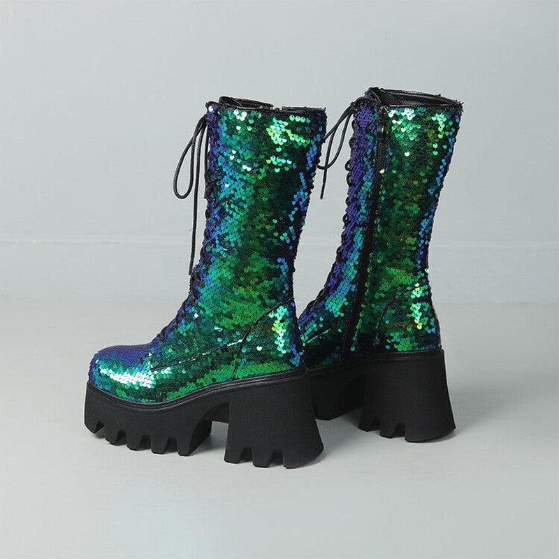 Cheky - Sequins Mid-calf Martin Boots Round Head Front