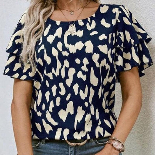 Cheky - Pullover Round Neck Printed Loose Casual Short Sleeve