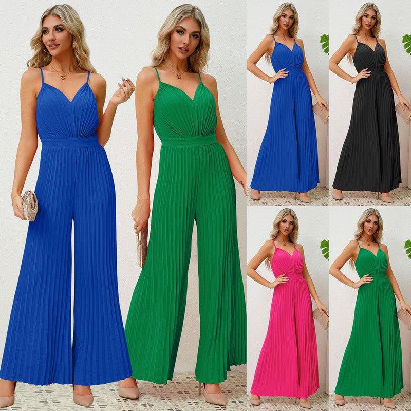 Cheky - V-neck Suspender Pleated Jumpsuit Solid Color Loose Straight Pants Womens Clothing