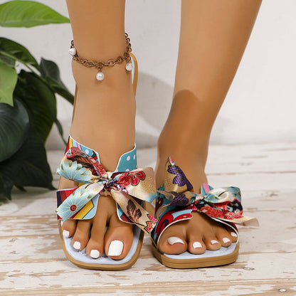 Cheky - Ribbon Bow Sandals Summer New Square Toe Low Heel Sandal For Women Slides Fashion Casual Beach Shoes