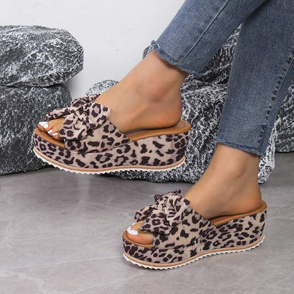 Cheky - Fashion Bow Leopard Print Wedge Slippers For Women New Thick-sole High Heel Flat Shoes Summer Outdoor Fish Mouth Slippers