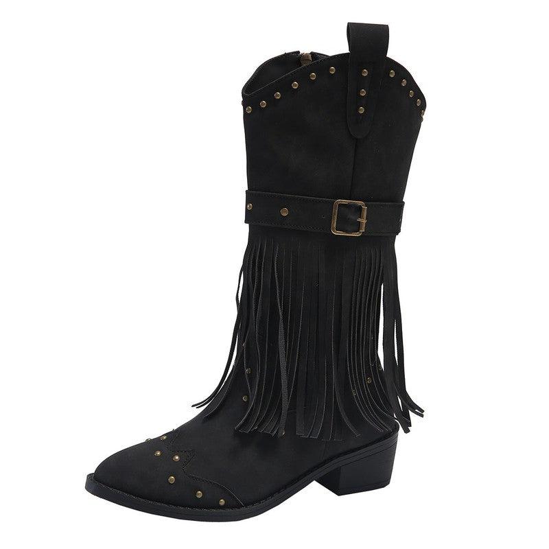 Cheky - Retro Tassel Boots With Rivet Strap Buckle Design Shoes For Women Winter Footwear Fashion Mid-calf Square Heel Knight Western Boots