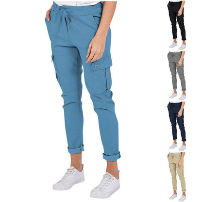 Cheky - Casual Cargo Pants With Pockets Solid Color Drawstring Waist Pencil Trousers For Women