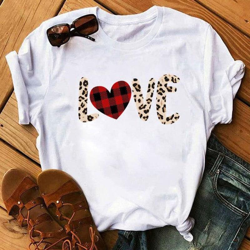 Cheky - Spring Women's Cartoon Leopard Print Heart Printing T-shirt