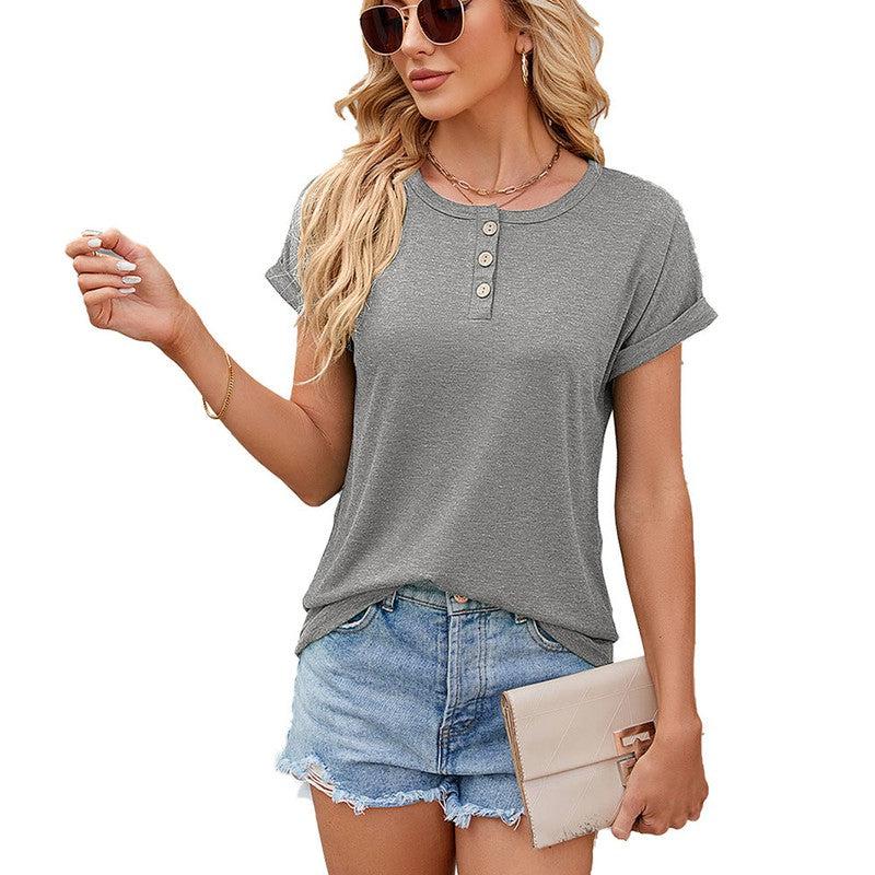 Cheky - Solid Color Round Neck Button Short Sleeve T-Shirt New Summer Loose Top For Womens Clothing