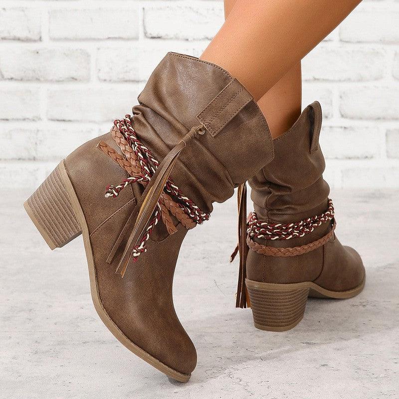 Cheky - Retro Tassel Boots Winter Thick Square Heel Mid-calf Knight Western Boots Woman Fashion Shoes