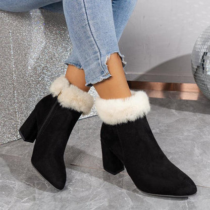 Cheky - New Plaid Print Plush Ankle Boots Winter Fashoin Square Heel Suede Boots Women Casual Versatile Shoes Autumn And Winter