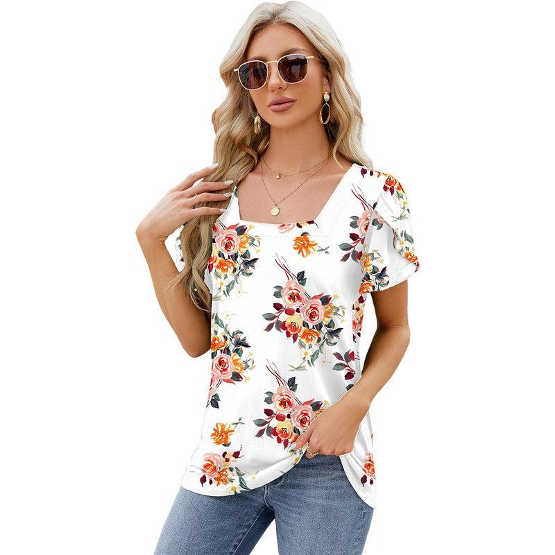 Cheky - Summer Top Fashion Square Neck Printed Short-sleeved T-shirt With Petal Sleeve Design Bohemian Beach Loose T-shirt For Womens Clothing