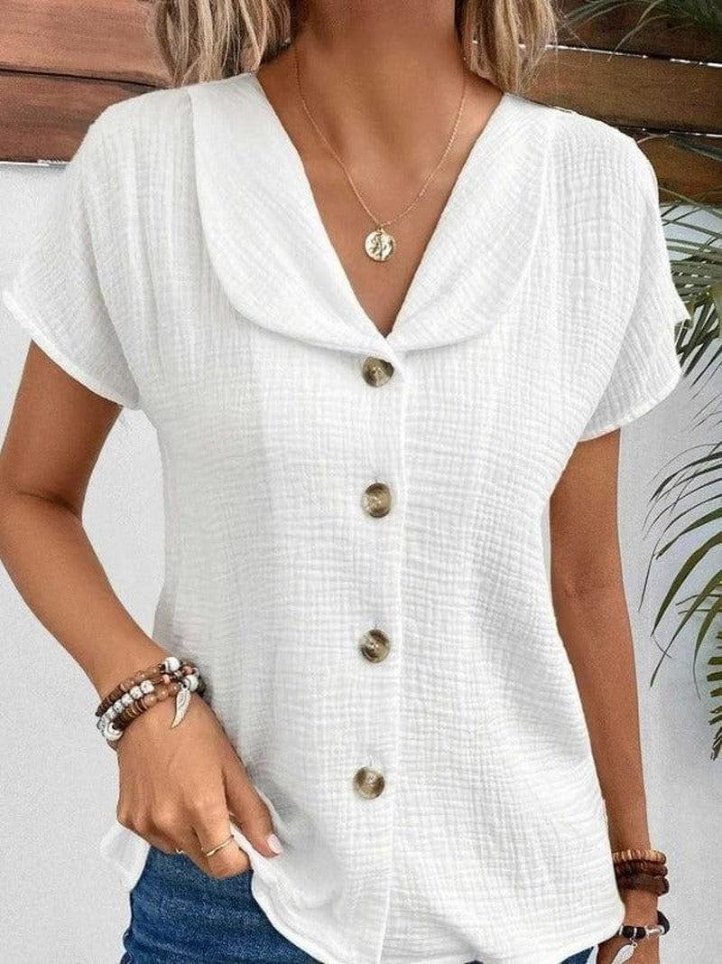 Cheky - Summer Solid Color Fashion Short-sleeved Cardigan Button Women's Top