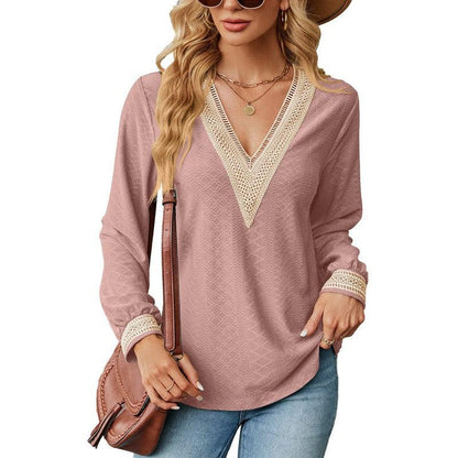 Cheky - Lace Stitching V-neck T-shirt Loose Long-sleeved Solid Color Top For Women