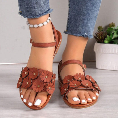 Cheky - Retro Flowers Sandals Summer Casual Versatile Round Toe Buckle Flat Beach Shoes For Women New Roman Shoes