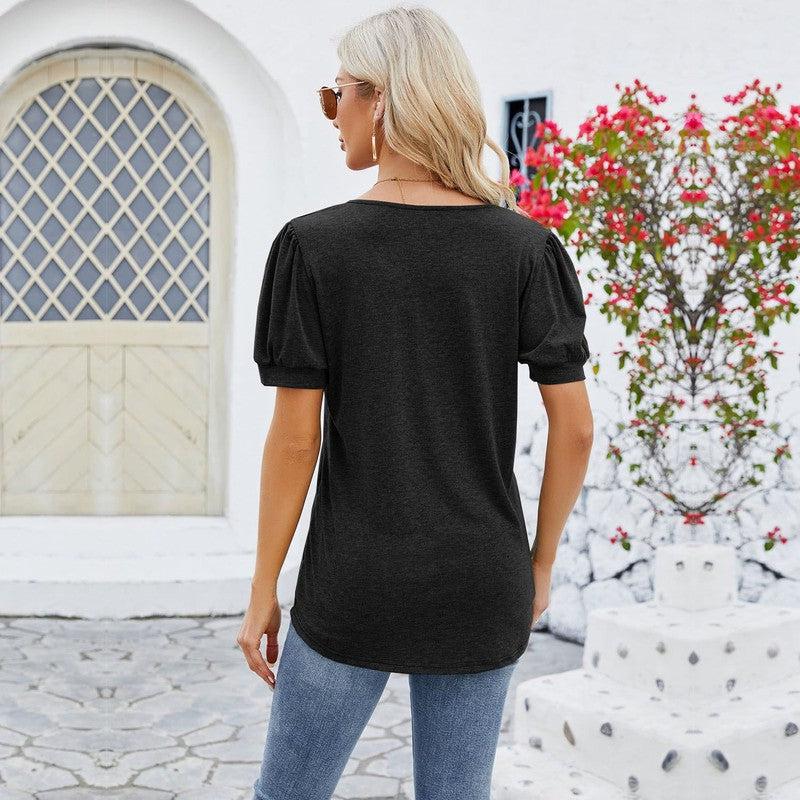 Cheky - New Solid Color V Neck Button Top Women's Fashion Short Sleeve T-Shirt Summer Womens Clothing