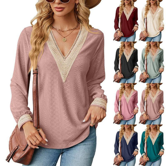 Cheky - Lace Stitching V-neck T-shirt Loose Long-sleeved Solid Color Top For Women