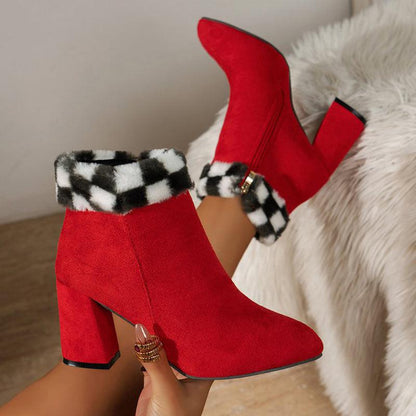 Cheky - New Plaid Print Plush Ankle Boots Winter Fashoin Square Heel Suede Boots Women Casual Versatile Shoes Autumn And Winter