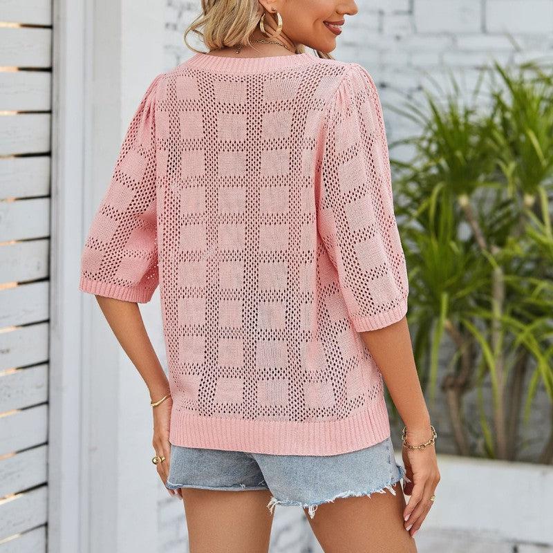 Cheky - Women's Round Neck Hollowed Out Sun Protection Shirt Knitted Sweater Cover Up