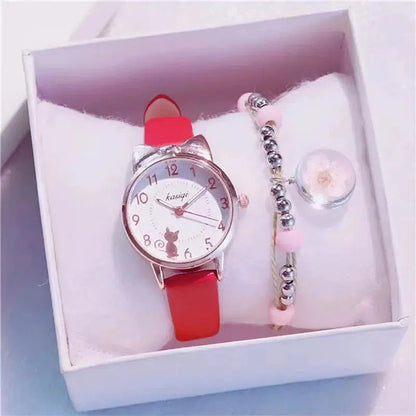 Cheky - New Girl Quartz Watch Student Children Wristwatch Cat Ears Face Gifts for Kids Girl ulzzang Style With Box Clock Beaded bracelet