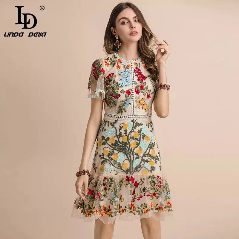 Cheky - LD LINDA DELLA New 2023 Fashion Runway Summer Dress Women's Flare Sleeve Floral Embroidery Elegant Mesh Hollow Out Midi Dresses