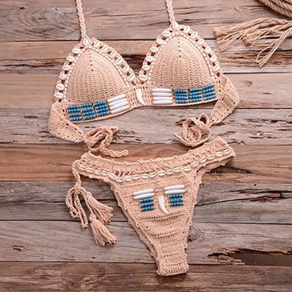 Cheky - Sexy Blue Shell Beaded Bikinis Set Handmade Crochet High Quality Swimsuit Women Push Up Swimwear Knitted Beach Wear Bathing Suit