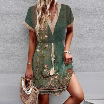 Cheky - Printed Short Sleeve Lace V-neck Tight Waist Dress