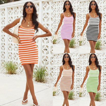 Cheky - Striped Color Matching Beach Dress Women