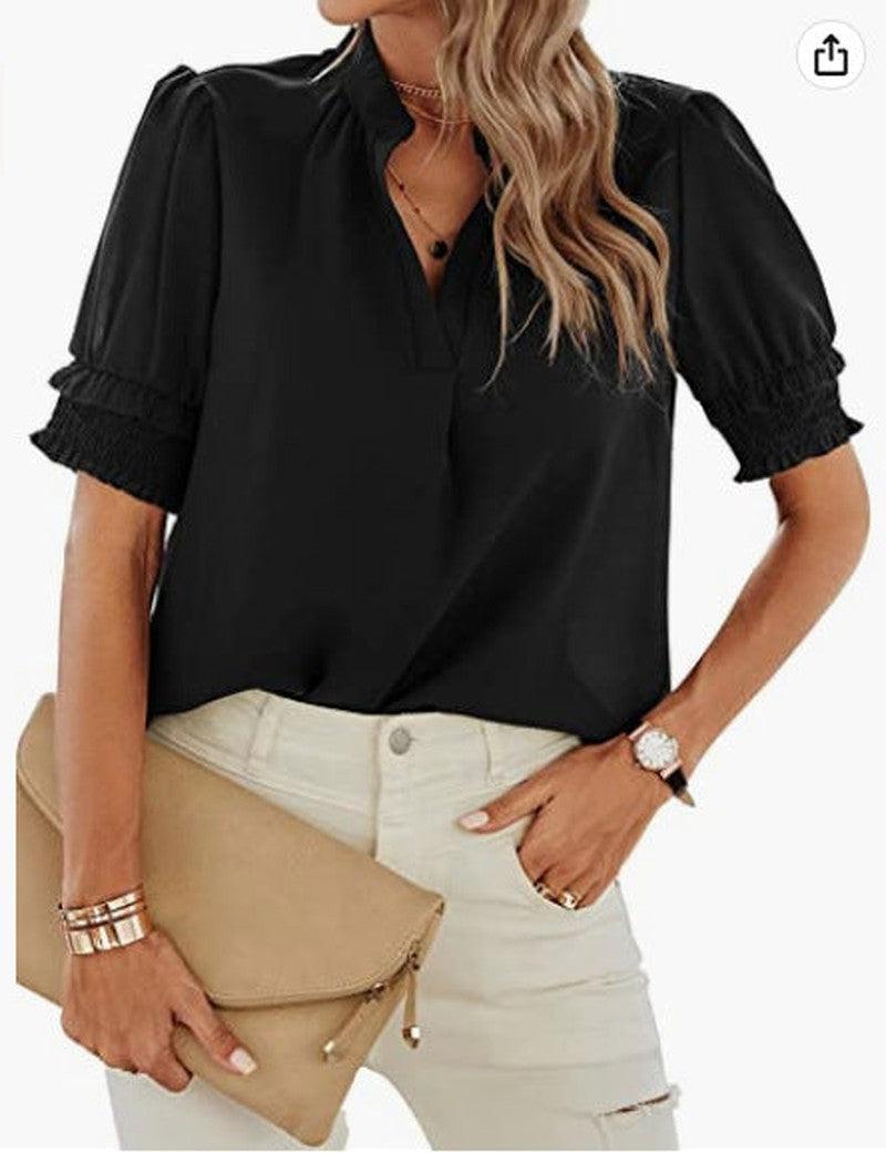 Cheky - Women's V-neck Casual Short-sleeved Solid Color Chiffon Shirt