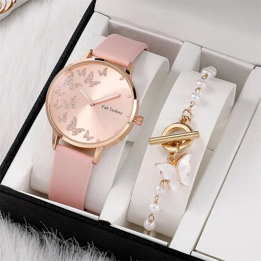 Cheky - 2pcs Set Womens Butterfly Watches Ladies Fashion Watch New Simple Casual Women Analog WristWatch Bracelet Gift