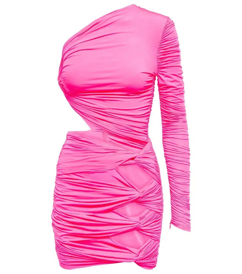 Cheky - One Shoulder Pink Mini Dress Bodycon Dress Sexy Party Dresses Long Sleeveless Cocktail Woman Clothing Ever Pretty Gown Elegant