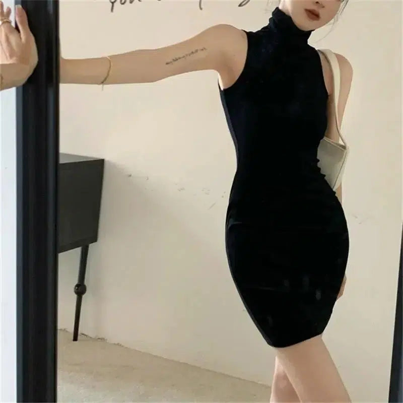 Cheky - Summer Sexy High Neck Tight Dress Oversleeve Pleated Bottom Wrapped Hip Dress Women Bodycon