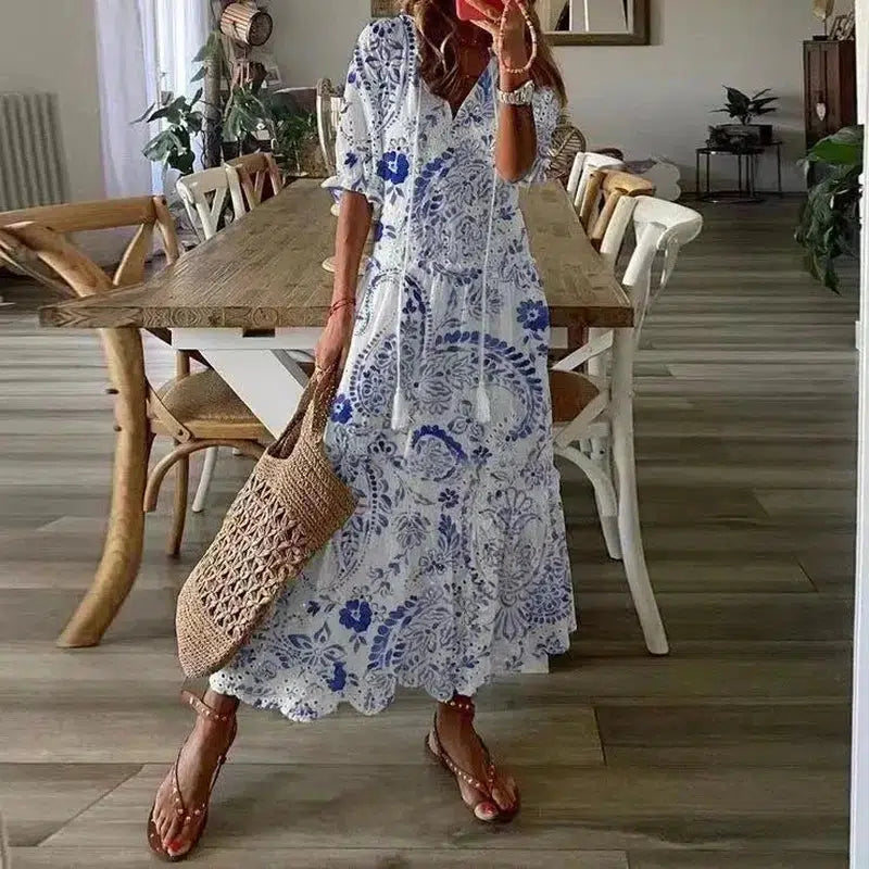 Cheky - Foridol Casual Hollow Out V Neck White Lace Maxi Dress Vintage A-line Loose Embrioderied Floral Print Bohemian Long Sundress