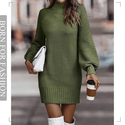 Cheky - Vintage Winter Knitted Dress Ladies Chic Turtleneck Lantern Long Sleeve Mini Sweater Dresses for Women New Arrival Clothes