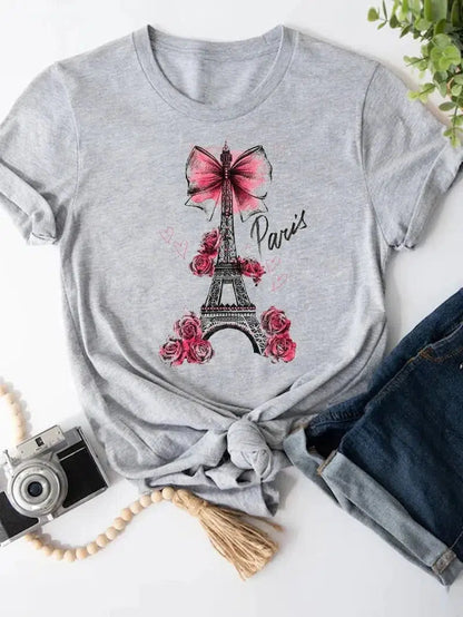 Cheky - Short Sleeve Butterfly Bow Sweet Flower Fashion Summer Women Print T Shirt Female Casual Top Tshirts Cartoon Graphic Tee T-Shirt