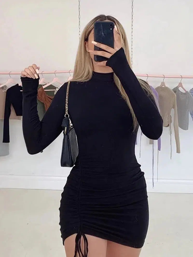 Cheky - Long Sleeve Ruched Bodycon Dress Women Turtleneck Bandage Mini Dresses Autumn Black Skinny Stretchy Party Vestidos