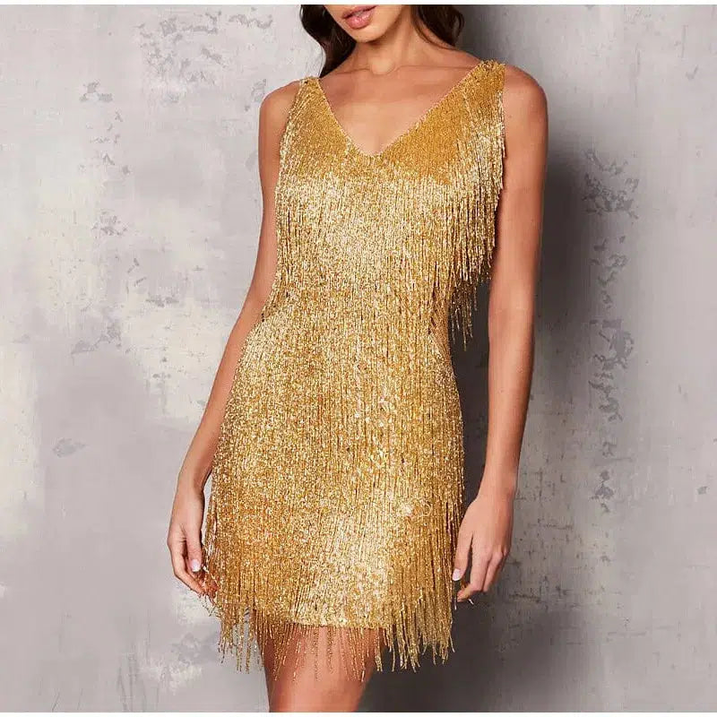 Cheky - New Sexy Tassel Sequins Feather Mini Dress Women Spaghetti Strap Stitching Dresses Female Elegant Evening Party Club Dress