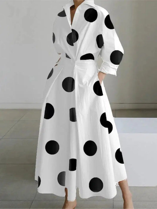 Cheky - White Dot Print Maxi Dress - Elegant Long Sleeve Autumn