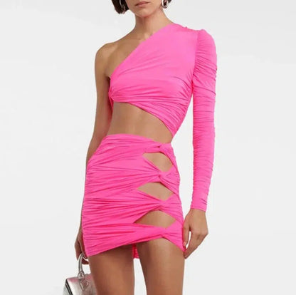 Cheky - One Shoulder Pink Mini Dress Bodycon Dress Sexy Party Dresses Long Sleeveless Cocktail Woman Clothing Ever Pretty Gown Elegant