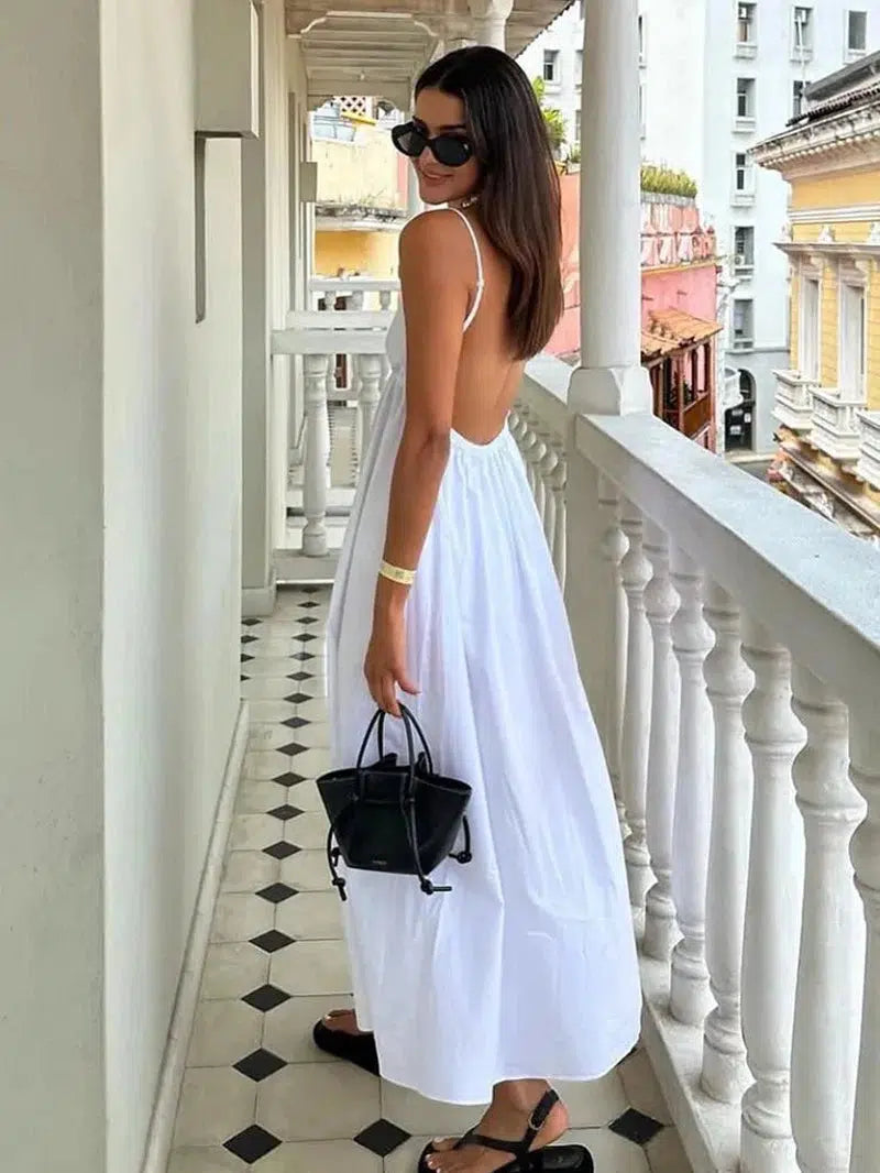 Cheky - Sexy Backless Midi Dress Sleeveless V Neck Dress 2023 Fashion Summer Woman Causal Loose Beach Dress Holiday White Long Dress