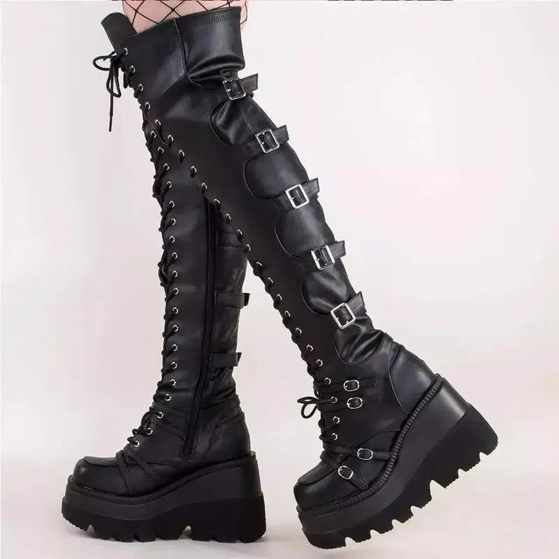 Cheky - Gothic Thigh High Boots Women Platform Wedges Motorcycle Boot Over The Knee Army Stripper Heels Punk Lace-up Belt Buckle Long