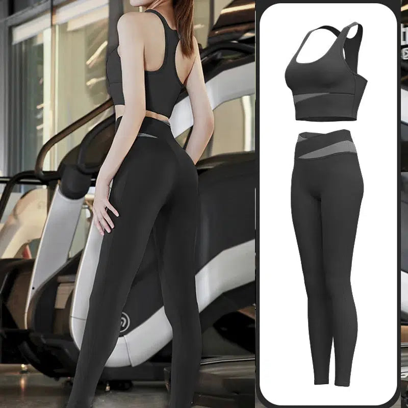 Cheky - High Waist Yoga Set Lady Gym Suit Sport Set Shockproof Sport Bra Crop Top Patchwork Tracksuit Women Fitness Outfit Training Wear