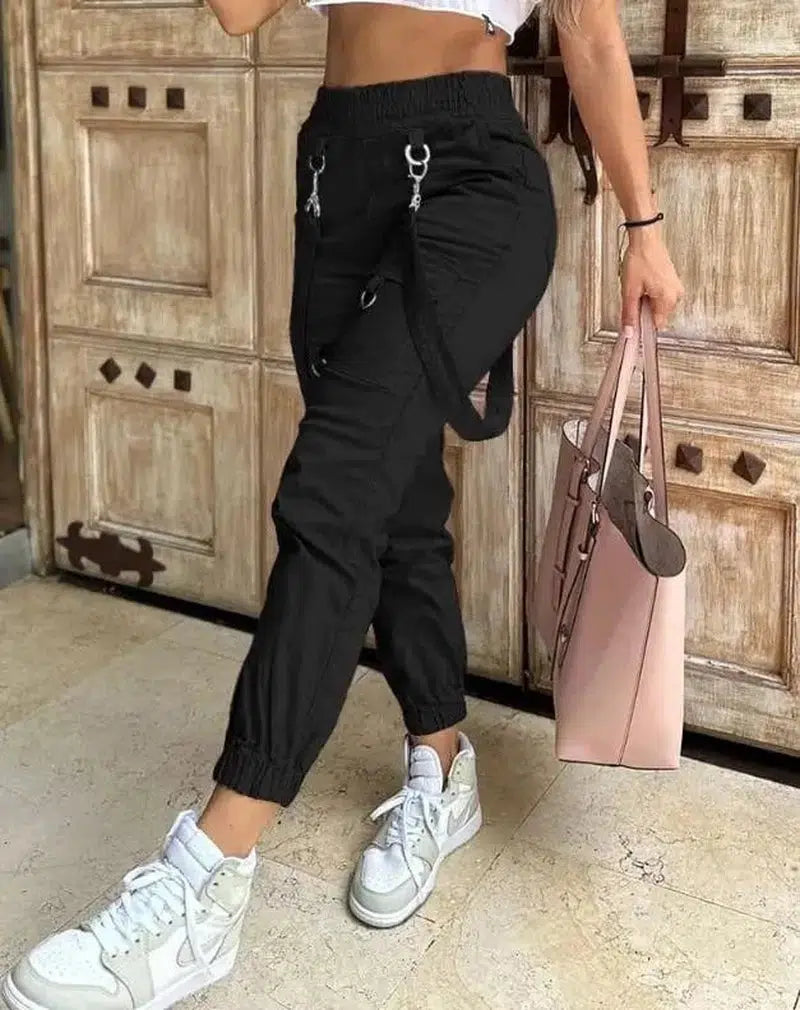 Cheky - Women's Cargo Pants Casual Trousers New Solid Color Trend Street Pocket Design Cuff Suspenders Decorative Cargo Pants