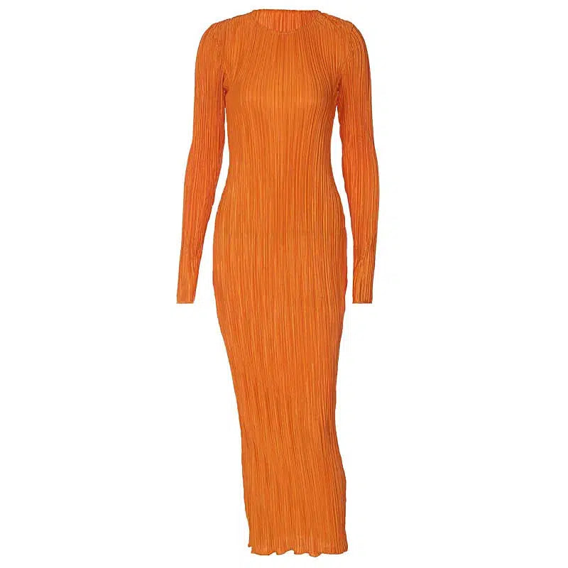 Cheky - Laxsesu Elegant Bodycon Dress for Women Solid O Neck Flare Sleeves Long Summer Dresses Holiday Vestidos Black Red Orange