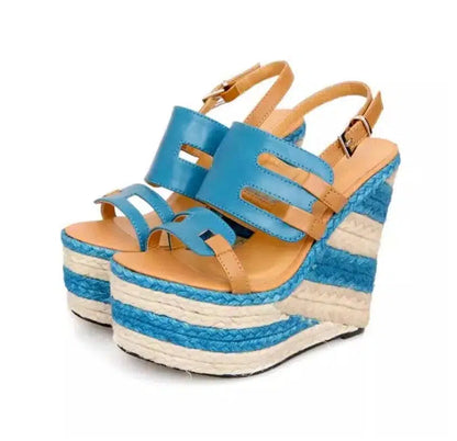 Cheky - High heels sandals striped Straw shoes Casual